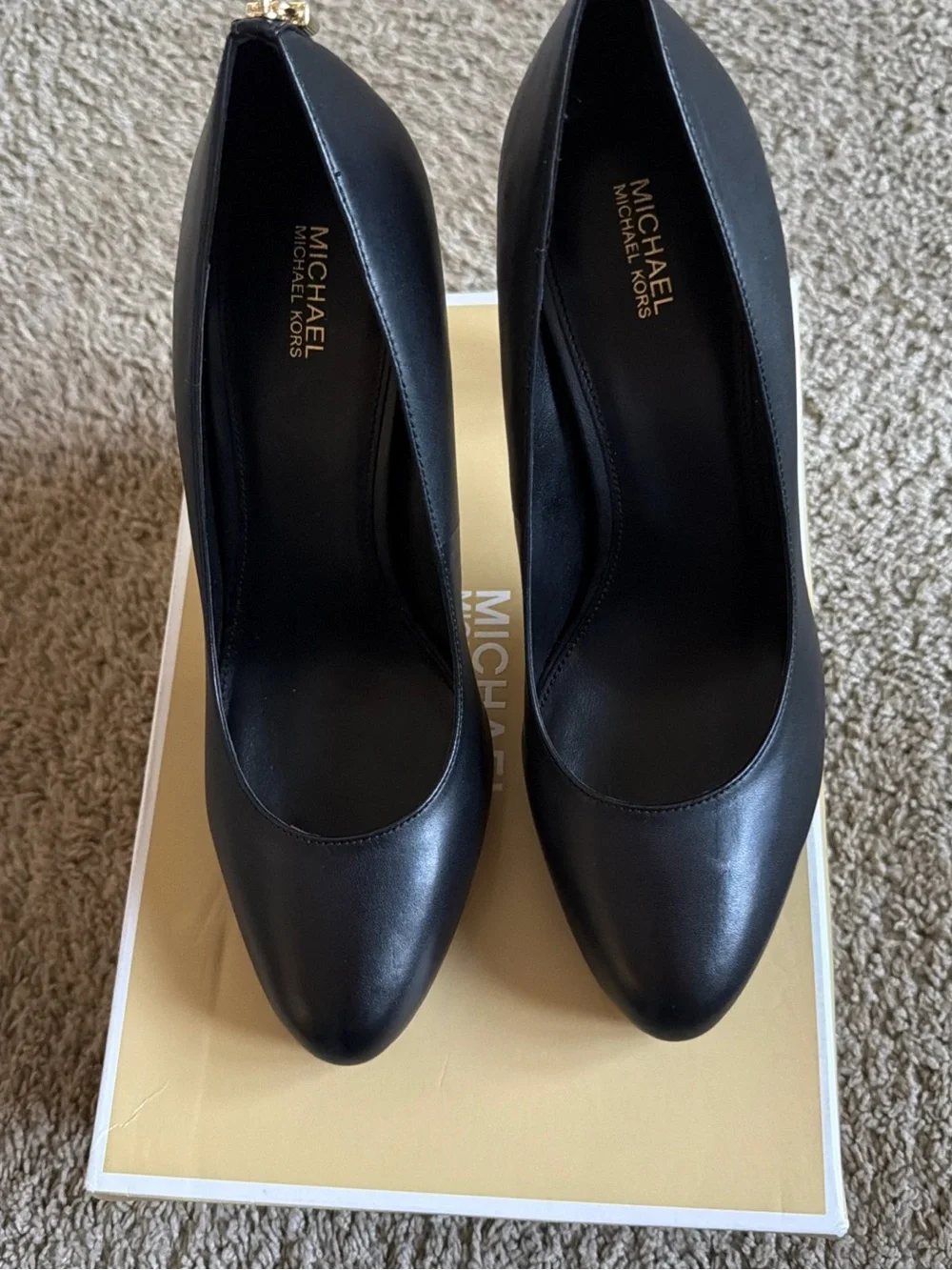 Michael Kors Black Leather Pointed-Toe Heels with Gold Accent